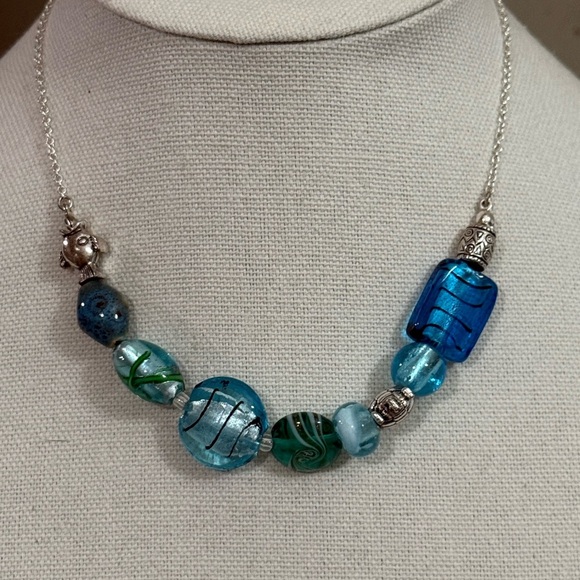 Oceanic Blue and Silver Necklace with Crystal Beads - Picture 5 of 5
